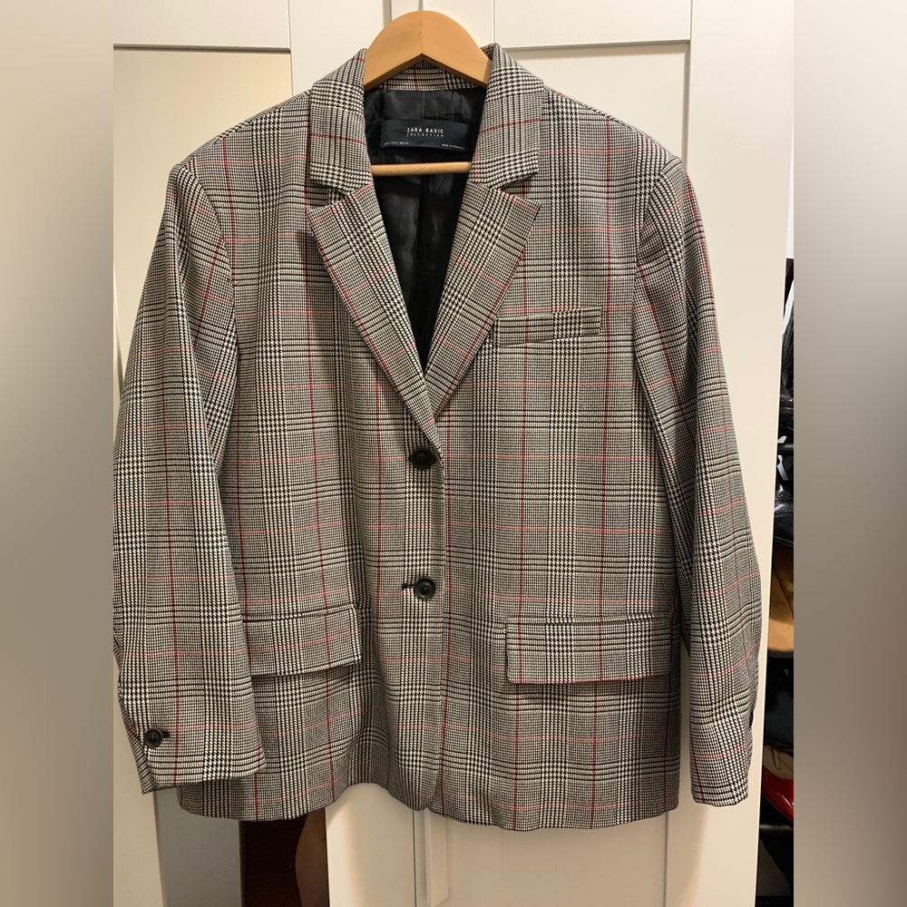 Zara Basic Women's Blazer Black White Red Houndstooth